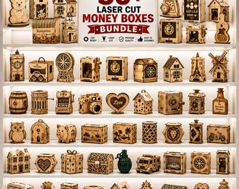 May include: A collection of over 50 laser-cut wooden money boxes displayed on illuminated shelves. The items feature various shapes including houses, animals, vehicles, and geometric designs. A central sign reads 50+ LASER CUT MONEY BOXES BUNDLE.