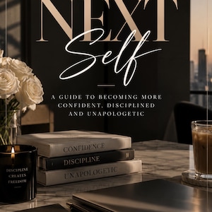 Könnte beinhalten: Ein digitaler Ratgeber mit dem Titel MEET YOUR NEXT SELF, A GUIDE TO BECOMING MORE CONFIDENT, DISCIPLINED AND UNAPOLOGETIC von A.TDIGITALCO. Das Bild zeigt drei gestapelte Bücher mit den Aufschriften CONFIDENCE, DISCIPLINE und UNAPOLOGETIC, eine Kerze.