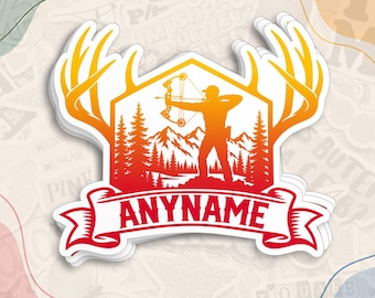 Custom Bow Hunting Sticker, Personalized Hunter Name Decal, Deer Antler Bowhunter Waterproof Die Cut Stickers for Water Bottle, Laptop