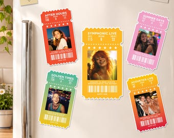 May include: Five rectangular ticket-shaped magnets with rounded edges, each featuring a unique color, event title, seat information, barcode, and a central photograph of a person. The magnets are displayed on a white refrigerator surface.