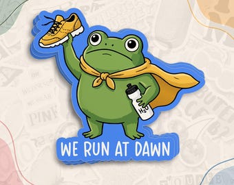 We Run At Dawn Sticker, Funny Running Frog Decal, Marathon Runner Gift, Cross Country Race Waterproof Stickers for Water Bottle, Laptop