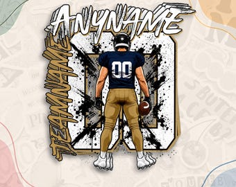 May include: A graphic illustration of a football player wearing a dark blue jersey with the number 00 and gold pants, holding a football. The text ANYNAME appears at the top and side. The background features a large number 00 with black paint splatters.