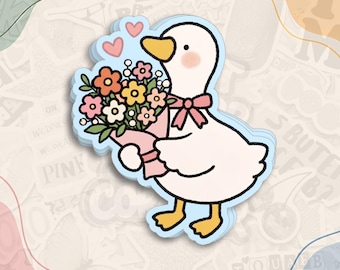 Goose Holding Flowers Sticker, Cute Wildflower Goose Decal, Cottagecore Animal Waterproof Die Cut Stickers for Water Bottle, Laptop