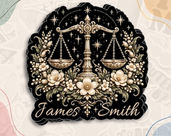 May include: A black sticker featuring a gold-toned scale of justice centered among cream-colored flowers and leaves. The design includes a starry night sky background and the text James Smith in elegant script at the bottom of the sticker.