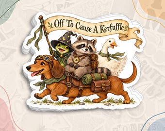 Off To Cause A Kerfuffle Sticker, Funny Woodland Animal Adventure Decal, Dachshund Raccoon Waterproof Stickers for Water Bottle, Laptop