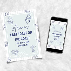 Einladung zum Junggesellinnenabschied „Last Toast on the Coast“: Programm, Willkommensschild und Strand-Wochenende (bearbeitbare Canva-Datei zum Download)