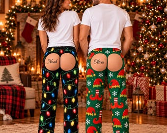 Funny Christmas Pajama Pants, Personalized Name PJs, Custom Skin Tone Holiday Pajamas, Santa Elf Christmas Lights Pajama Bottoms
