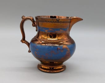 Copper Lustreware Lusterware Vintage Creamer Pitcher Blue Swirl Design 4.5"