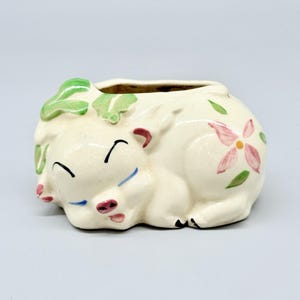 May include: A cream-colored ceramic planter shaped like a sleeping pig. The pig features hand-painted green leaves on its head, a pink four-petaled flower on its side, and closed eyes with blue accents. The surface has a visible crackle glaze finish.
