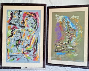 Pair Kanan Abramson Signed Lithographs Israeli Modernist Framed Figurative Art