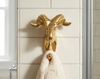 Solid Brass Ram Head Wall Hook, Sheep Coat Hook, Animal Towel Hook, Rustic Farmhouse Entryway Bathroom Wall Hardware, Brass Wall Decor