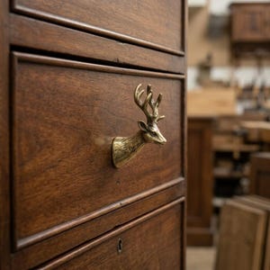 May include: A dark brown wooden drawer featuring a brass cabinet knob shaped like a deer head with antlers. The drawer has a rectangular frame design and a small keyhole located below the deer-shaped handle, showcasing a natural wood grain.