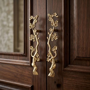 May include: Two vertical brass cabinet handles mounted on dark brown wooden doors. Each handle features a detailed relief design of a flowering tree branch with multiple small blossoms and a textured, gnarled trunk base extending downward.