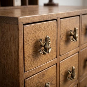 Puede incluir: Un gabinete de madera con múltiples cajones cuadrados, cada uno equipado con un tirador de metal color latón con forma de rana. La veta de la madera es visible en los paneles frontales de los cajones y los tiradores están centrados.