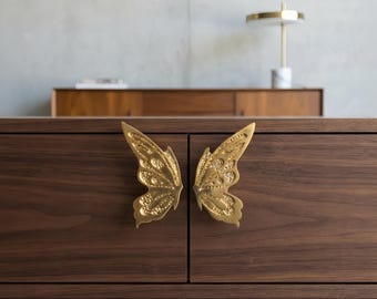 Solid Brass Butterfly Cabinet Pull, Split Butterfly Drawer Handle, Double Door Cabinet Knob, Vintage Brass Furniture Hardware Gift
