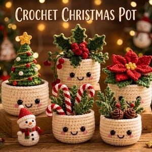 May include: A collection of five crocheted cream-coloured pots with smiling faces, featuring a Christmas tree, holly with red berries, a poinsettia, candy canes, and pine branches with cones. The text CROCHET CHRISTMAS POT is at the top.