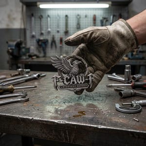 Peut inclure: Un emblème métallique circulaire de couleur argentée représentant un aigle détaillé aux ailes déployées au-dessus du texte F-CAW-F et MIDNIGHT EDITION. L'emblème est tenu dans un gant de travail usé de couleur beige.