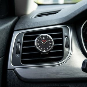 May include: A circular analog car clock with a silver-toned metal casing and a black speckled dial. The face features white Arabic numerals at the 12, 3, 6, and 9 positions, white hour markers, thin silver hands, and a red winged logo.