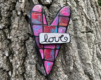 Hand Painted Red & Pink Checked Heart-Shaped Wall Plaque with Inspirational Wording - "Love"