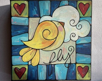 Yellow Bird Fly acrylique sur toile peinture