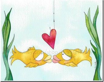 Goldfish Kissing with heart bait on hook 8x10 art print