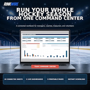 May include: A laptop displaying the Rinkwire Team Command Center software interface, featuring data tables, charts, and financial metrics. The screen shows a connected workbook for hockey management with text headers and a red Team Command Center button.