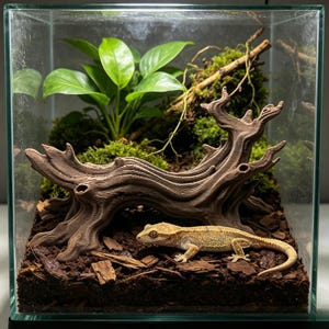Peut inclure: Un terrarium carré en verre contenant un gecko à crête brun clair reposant sur un paillis de bois brun foncé. À l'intérieur, un morceau de bois flotté brun texturé se trouve devant une plante verte feuillue et de la mousse.