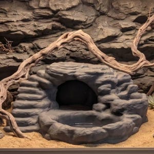 May include: A grey, rock-like reptile hide with a central cave entrance, a built-in basin for water, and a set of stairs leading to the top. The structure is positioned on a sandy surface with a large, light-coloured piece of driftwood arching over it.