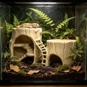 3D Printed Tree Stump Reptile Hideout, Double Tree Trunk Vivarium Decor, Gecko Climbing Cave With Ladder, Reptile Basking Hut