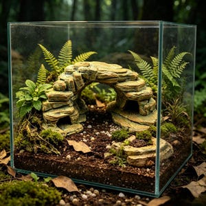Può includere: Un terrario quadrato in vetro contenente un arco in pietra stratificata, felci verdi, macchie di muschio e terra scura. La struttura presenta un'apertura cava sotto l'arco, circondata da piccoli ciottoli e foglie marroni sparse all'interno.