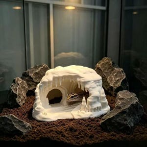May include: A white, 3D-printed cave hideout for reptiles, featuring a textured, rocky exterior with stalactite details and a stepped entrance. A small leopard gecko with yellow and black spotted skin is visible inside the structure.