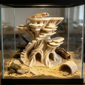 Puede incluir: Un pequeño lagarto beige descansa sobre una estructura de color beige con varios niveles dentro de un terrario de cristal. La estructura presenta plataformas planas, aberturas arqueadas y una escalera de caracol sobre un suelo de arena.