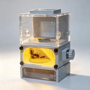 May include: A multi-level ant farm constructed from speckled grey material and clear acrylic panels. The middle chamber is illuminated with a warm yellow light, housing several black ants. A small dial is attached to the side of the structure.