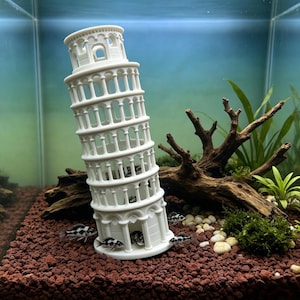 Könnte beinhalten: Ein weißes, zylindrisches, mehrstöckiges Architekturmodell des Schiefen Turms von Pisa mit bogenförmigen Öffnungen und Säulen, das auf einem Bett aus rotbraunem Kies in einem Aquarium mit Treibholz und Wasserpflanzen steht.