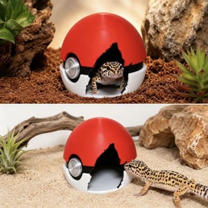 3D Printed Reptile Hideout Sphere, Red-White Anime Style Hide Cave for Leopard Gecko, Crested Gecko, Snake, Hamster & Spider