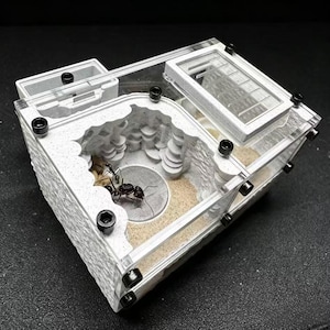以下が含まれることがあります： 透明なアクリル製の蓋と、内部に部屋がある白い質感の壁を備えた長方形の蟻飼育ケース。中央には円形のメッシュ床、砂の基質があり、黒い金具で透明な蓋が固定されています。