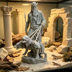 Puede incluir: Una figura de resina gris de un personaje barbudo con corona y túnica, que sostiene un tridente y cadenas unidas a un perro de tres cabezas. La figura se alza sobre una base rocosa, rodeada de columnas clásicas y ruinas de piedra.