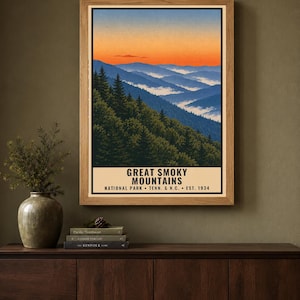 Great Smoky Mountains nationalpark-affisch, vintage resetryck med Blue Ridge-motiv, retro väggkonst i skog och berg, utskrivbar dekoration i WPA-stil bild 1