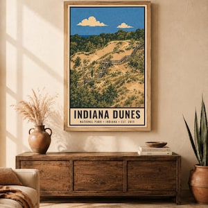 Plakat z Parku Narodowego Indiana Dunes, wydruk z podróży po plaży nad jeziorem Michigan w stylu vintage, dekoracja ścienna z wydmami w stylu retro, dekoracja do druku w stylu WPA z lat 60. XX wieku zdjęcie 1
