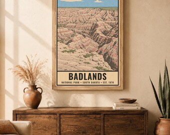 Badlands National Park Poster, Vintage South Dakota Travel Print, Retro Desert Landscape Wall Art, WPA Style Printable Decor
