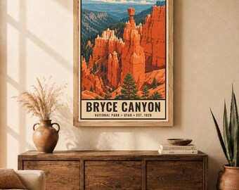 Plakat z Parku Narodowego Bryce Canyon, wydruk podróżniczy Utah Hoodoo w stylu vintage, pomarańczowa sztuka ścienna w stylu retro, sitodruk w stylu WPA z lat 60. XX wieku do druku