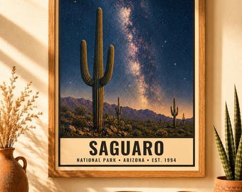 Saguaro National Park Night Sky Poster, Saguaro, Cactus, Milky Way Print, Vintage Arizona Desert, Stargazing, Wall Art (Digital Download)