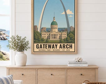 Plakat z Parkiem Narodowym Gateway Arch, wydruk z podróży do St. Louis w stanie Missouri, retro panorama miasta, dekoracja ścienna w stylu WPA z lat 60. XX wieku