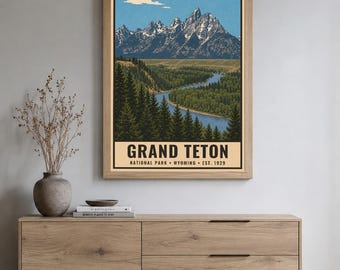 Plakat z Parku Narodowego Grand Teton, Wyoming Mountain Lake, wydruk podróżniczy w stylu vintage, górski krajobraz w stylu retro, dekoracja ścienna do druku w stylu WPA