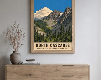 Plakat z Parku Narodowego North Cascades, wydruk z podróży w górach w stanie Waszyngton w stylu vintage, retro dekoracja ścienna z motywem dzikich gór, dekoracja do druku w stylu WPA