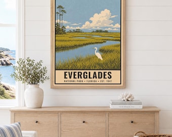 Everglades National Park Poster, Florida Mangrove Swamp Vintage Travel Print, Retro Wildlife River Wall Art, WPA Style Printable Decor