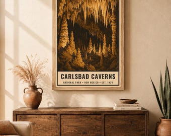 Plakat z Parku Narodowego Carlsbad Caverns, wydruk podróżny z jaskinią w Nowym Meksyku przedstawiający stalaktyty, retro sztuka ścienna z podziemnego metra, do druku w stylu WPA