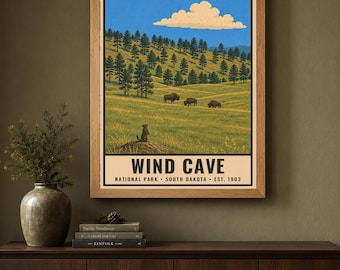 Wind Cave National Park Poster, South Dakota Prairie Bison Vintage Travel Print, Retro Underground Wall Art, WPA Style Printable Decor