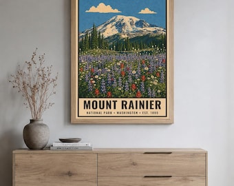 Plakat z Parku Narodowego Góry Rainier, wydruk z podróży w góry Waszyngtonu w stylu vintage, retro łąka z dzikimi kwiatami, dekoracja do druku w stylu WPA