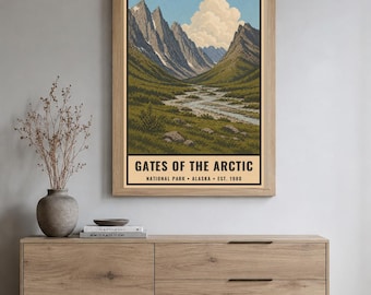 Plakat z Parku Narodowego Bramy Arktyki, wydruk z podróży po tundrze na Alasce w stylu vintage, retro sztuka ścienna z górami Brooks Range, wydruk w stylu WPA